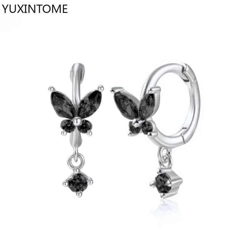 925 Silver Black Zircon Charm Hoops