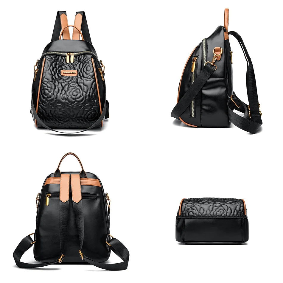 Embossed Rose Leather Backpack