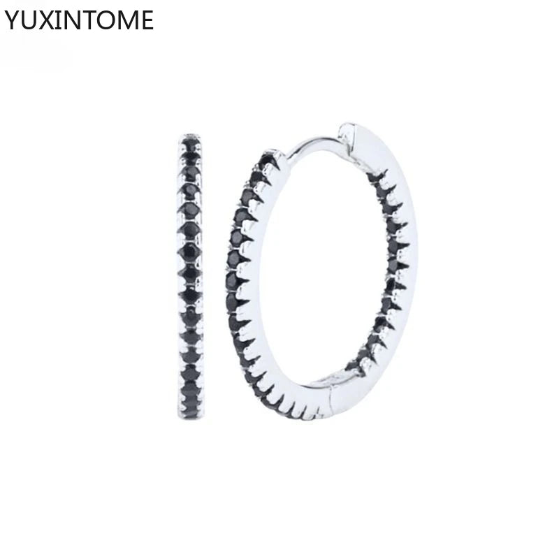 925 Silver Black Zircon Charm Hoops