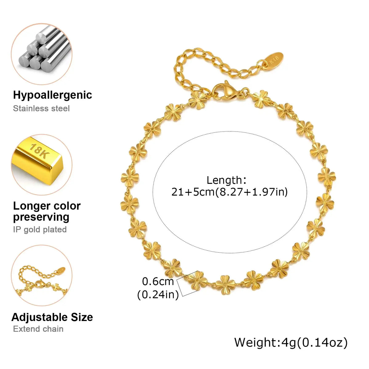18K Gold Plated Lucky Clover Anklet