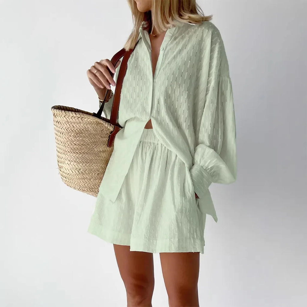 Jacquard Puff Sleeve Top & Shorts Set