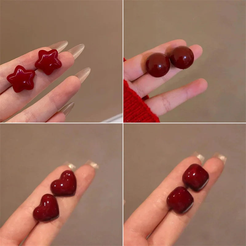Wine Red Enamel Heart Studs