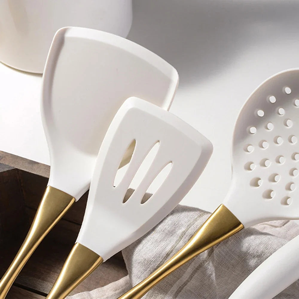 White & Gold Silicone Kitchen Utensils