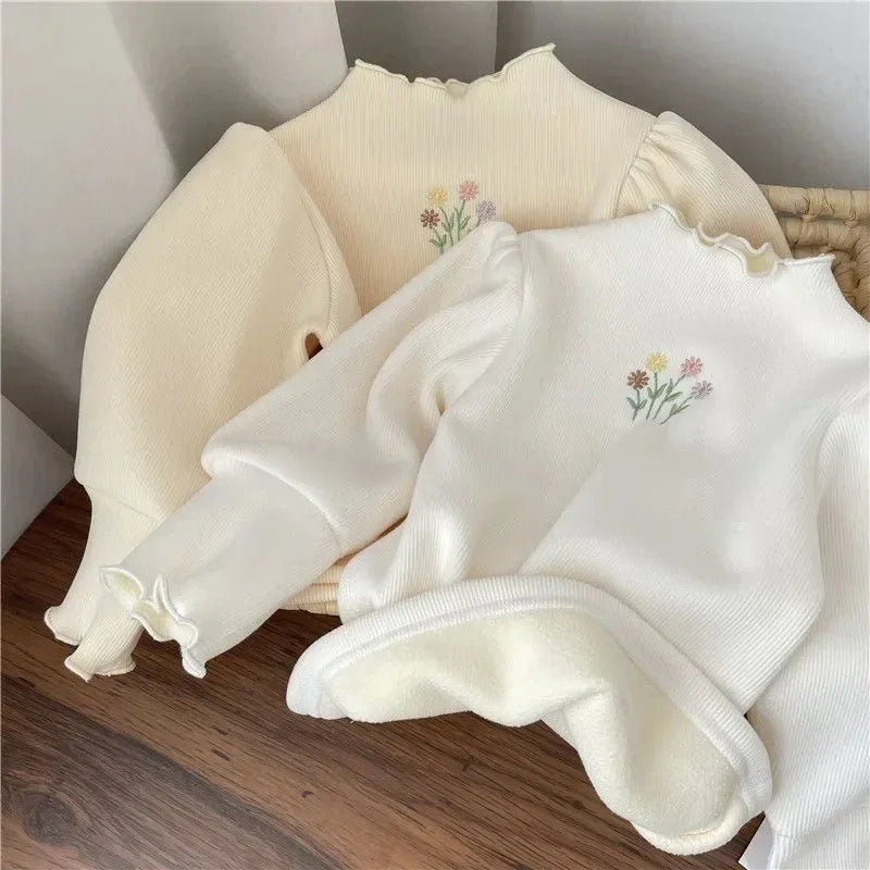 Girls Puff Sleeve Embroidered Sweater