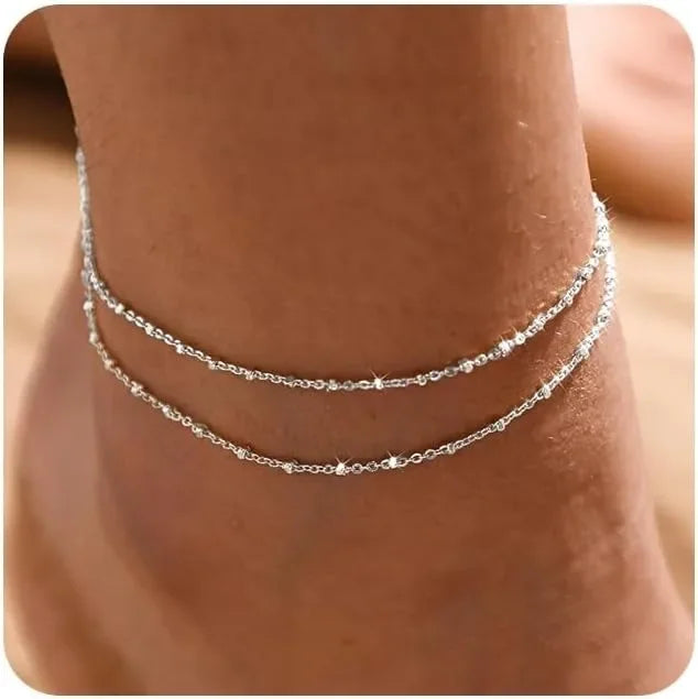 14K Gold Layered Bead Anklet Set