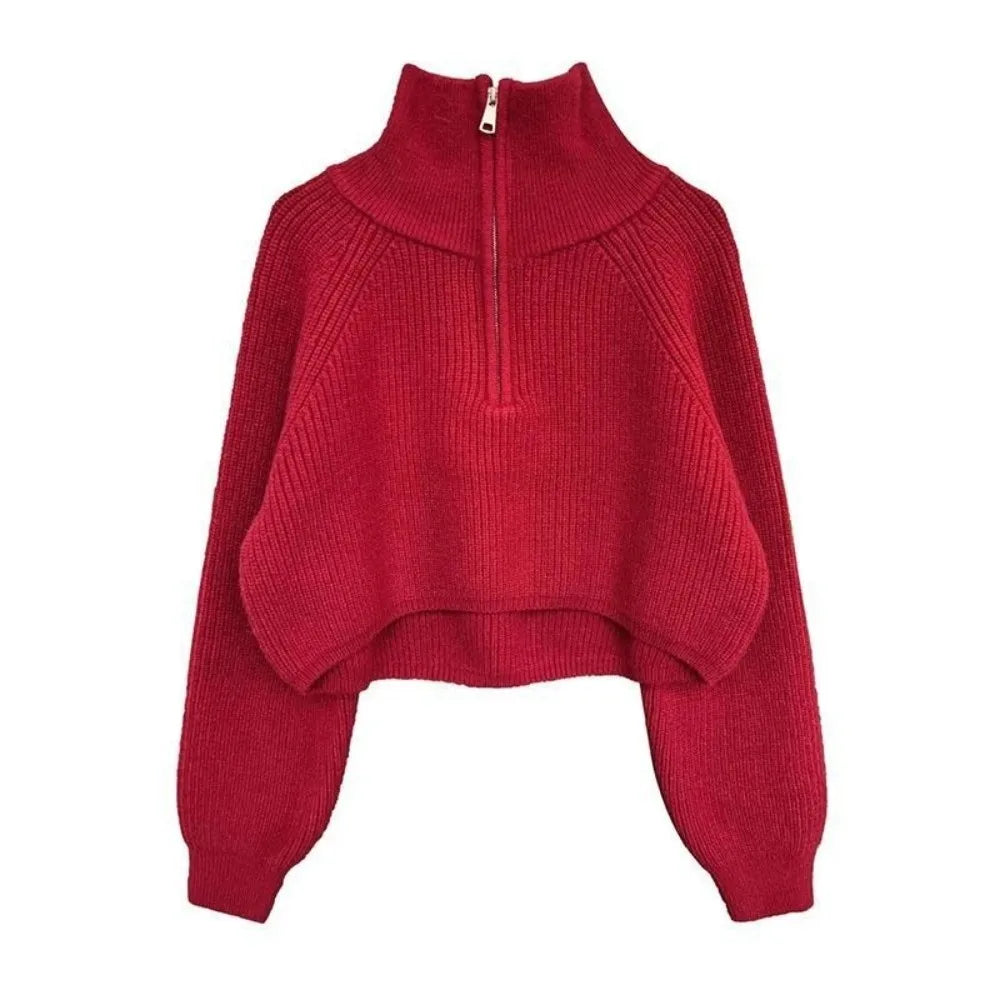 Half-Zip Cropped Waffle Knit Sweater