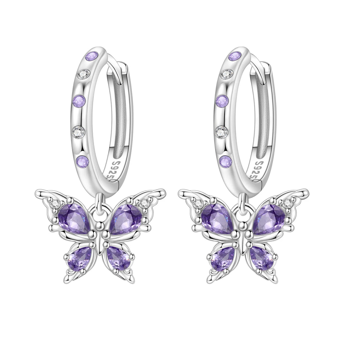 925 Silver Purple Butterfly Drop Earrings
