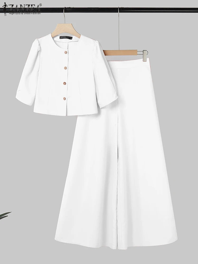 Short Sleeve Blouse & Wide-Leg Pants Set