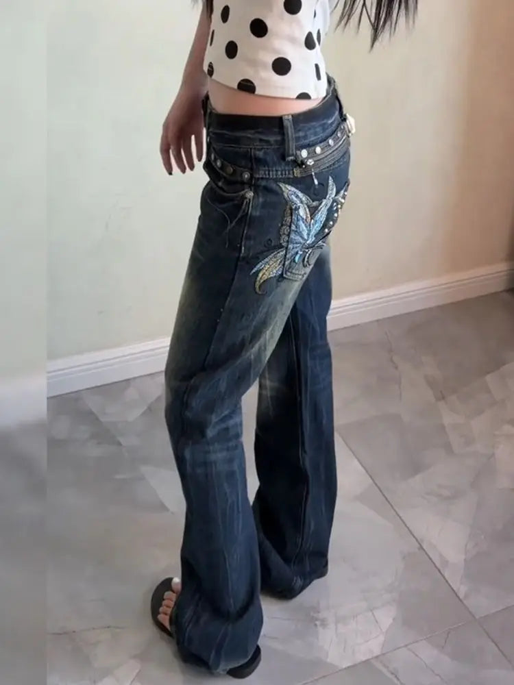 Butterfly Embroidered Low-Rise Flare Jeans