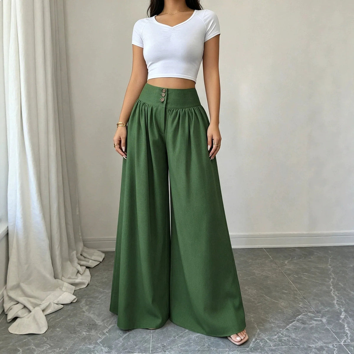 3-Button High Waist Wide-Leg Pants