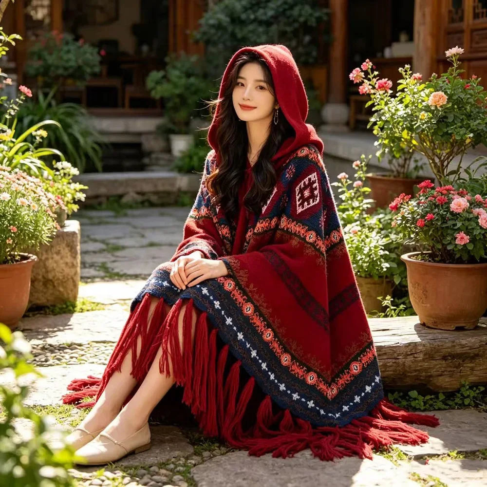 Embroidered Tassel Knit Shawl Cape