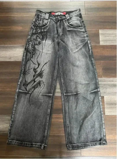 Letter Embroidered Wide-Leg Jeans