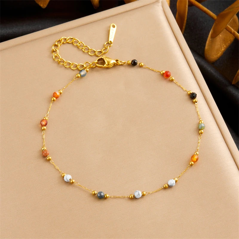 Colored Bead & Zircon Steel Anklet