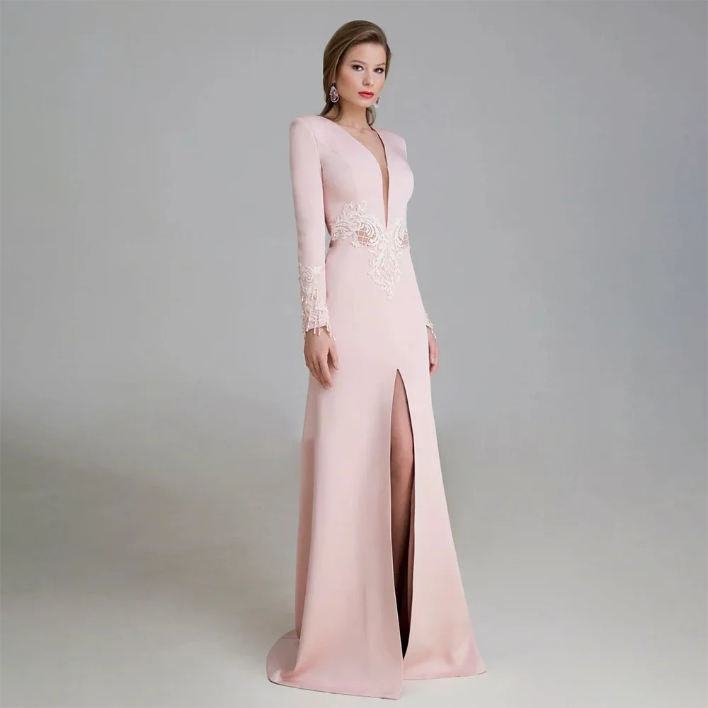 Deep V Long Sleeve Applique Mermaid Gown