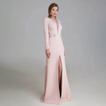 Deep V Long Sleeve Applique Mermaid Gown
