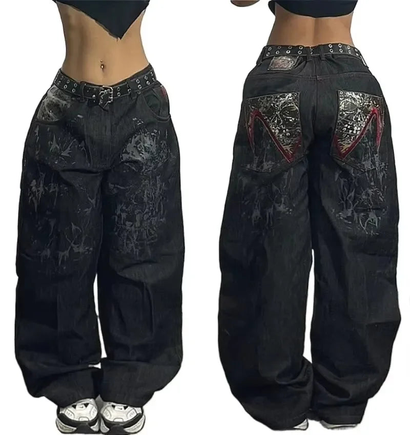 Letter Embroidered Wide-Leg Jeans