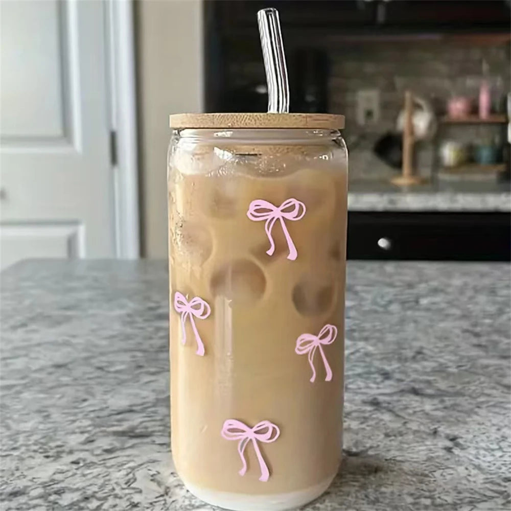 Pink Bow Glass Cup with Lid & Straw 500ml