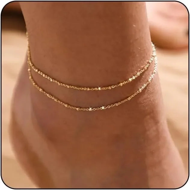 14K Gold Layered Bead Anklet Set