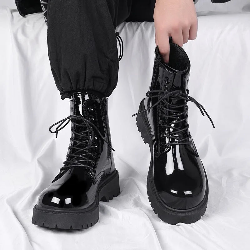 Men's Patent Leather Motorcycle Boots