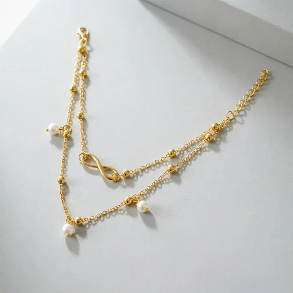 Pearl Heart Infinity Anklet Set