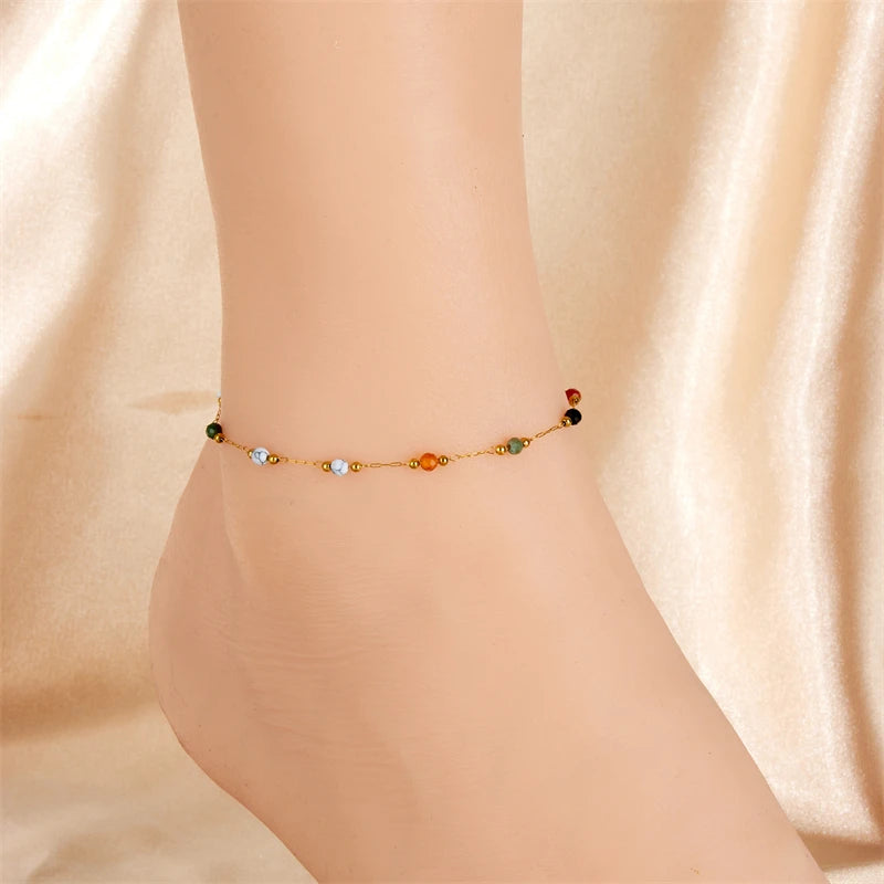 Colored Bead & Zircon Steel Anklet
