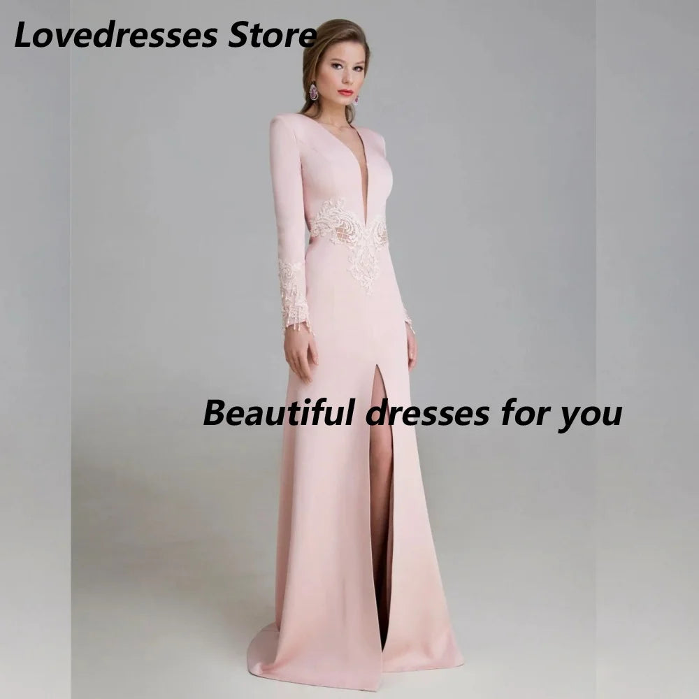 Deep V Long Sleeve Applique Mermaid Gown
