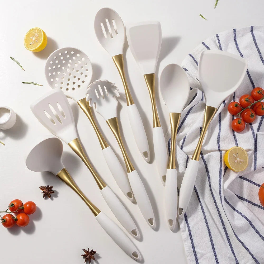 White & Gold Silicone Kitchen Utensils