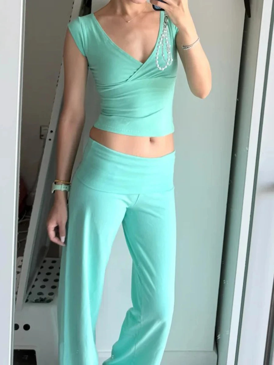 Cross V-Neck Crop Top & Pants Set