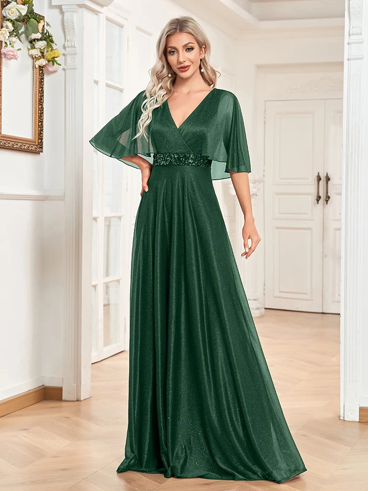 Shimmering Batwing Sleeve A-Line Gown