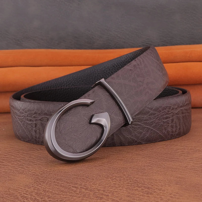 Men's Coffee Leather Belt with Smooth Buckle