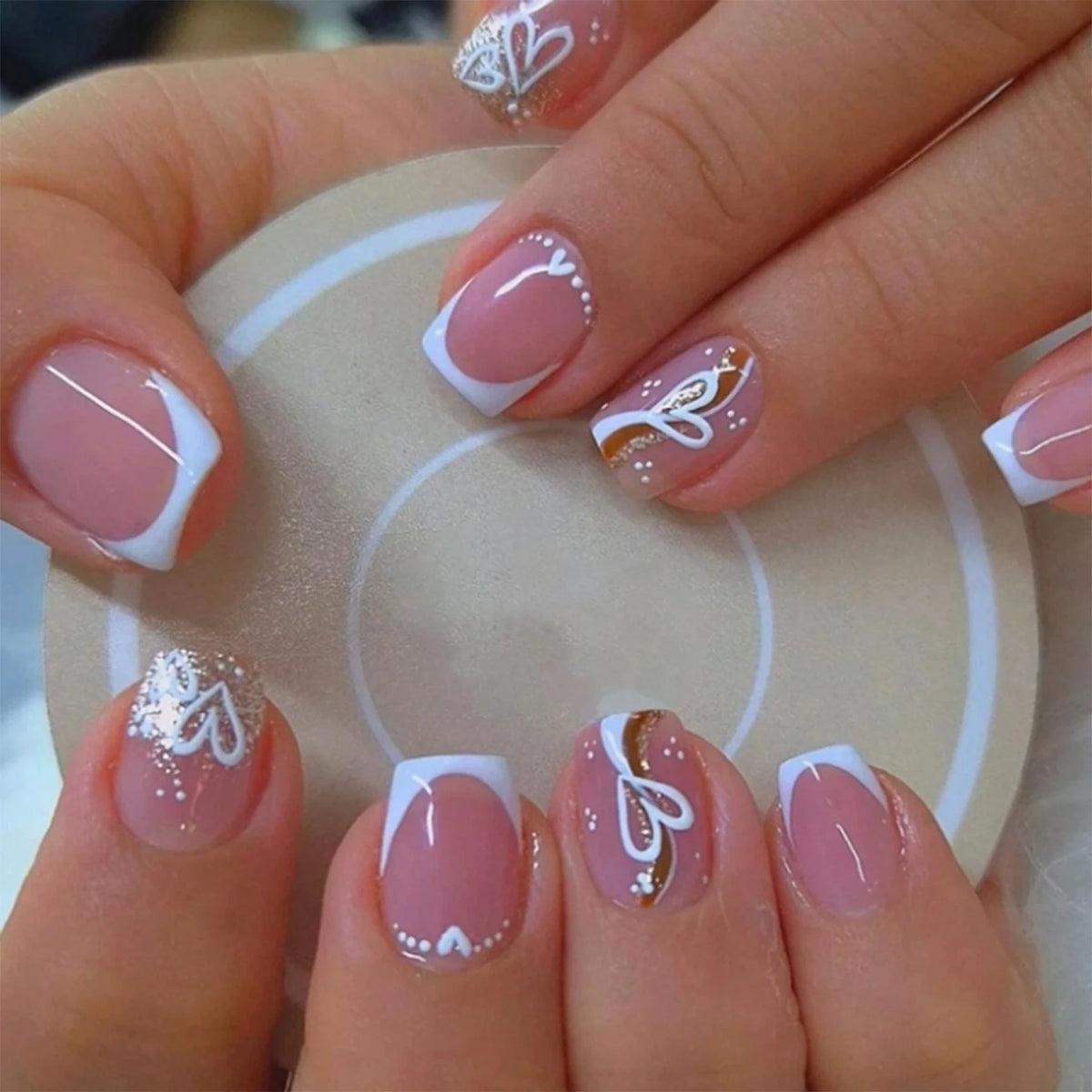 24-Piece Nude Pink Gold-Line Press-On Nails