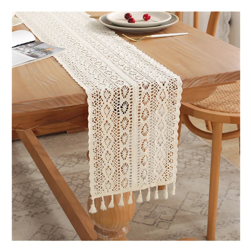 Beige Crochet Lace Table Runner