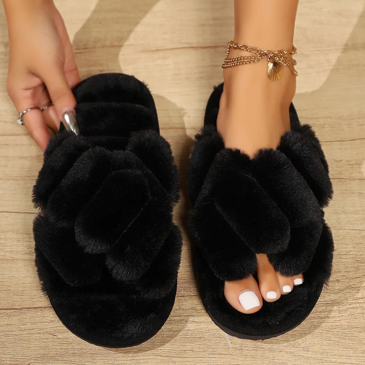 Women's Fluffy Cross Strap Slippers