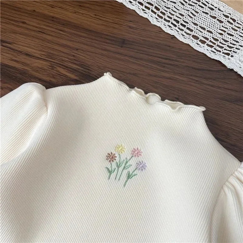 Girls Puff Sleeve Embroidered Sweater
