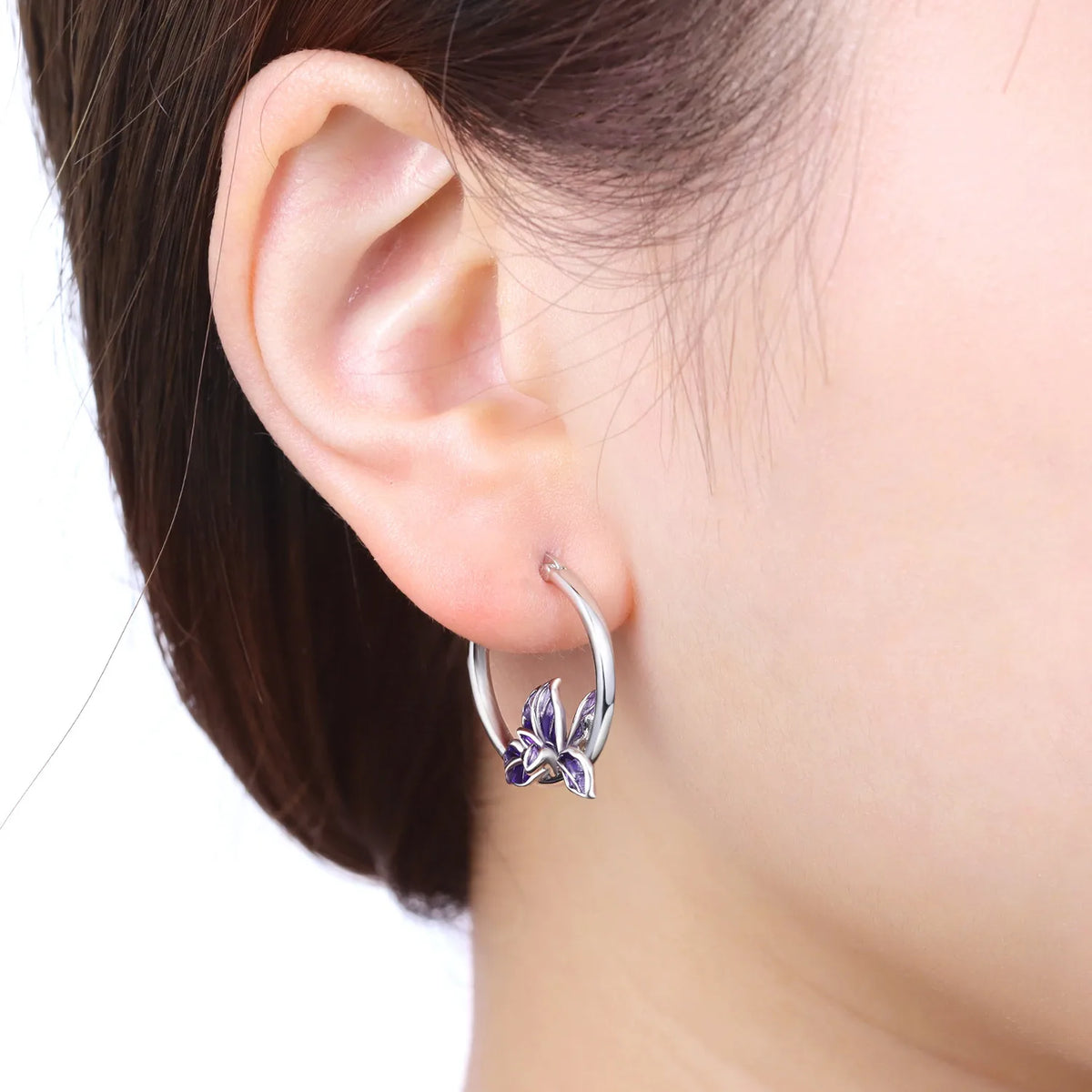 925 Silver Purple Iris Hoop Earrings