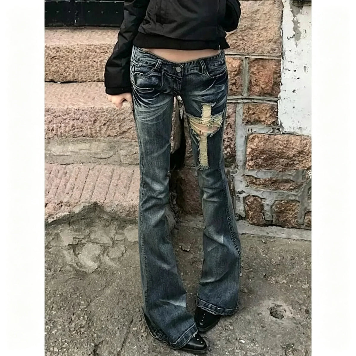 Pleated Button Distressed Slim Jeans