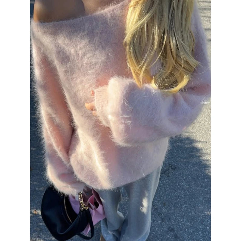 Fuzzy Off-Shoulder Knit Sweater