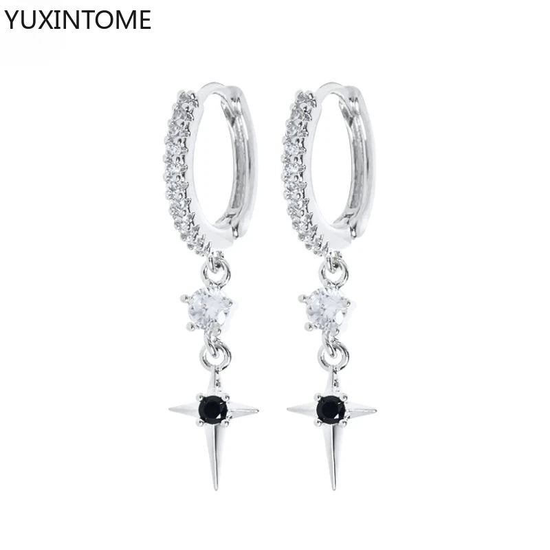 925 Silver Black Zircon Charm Hoops