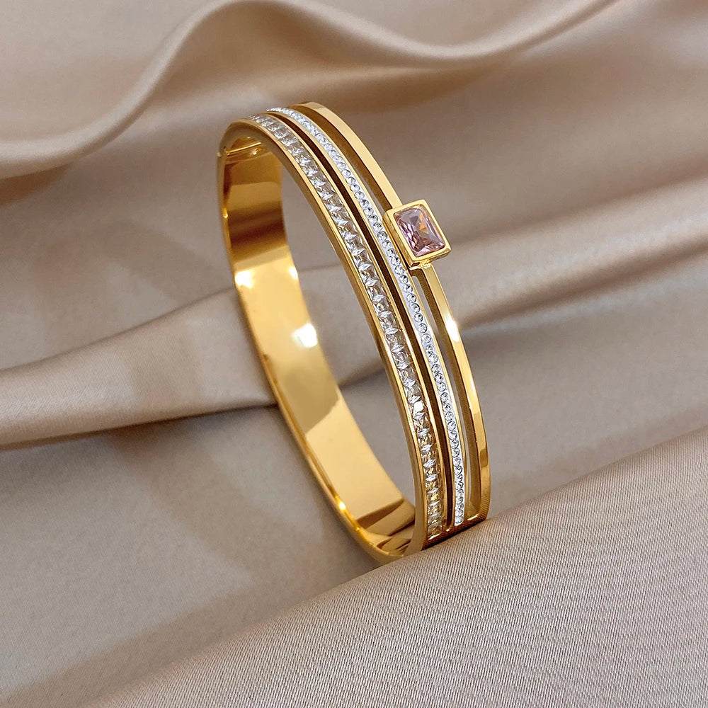 💫 Luxury Stainless Steel Rhinestone Cuff Bracelet Set