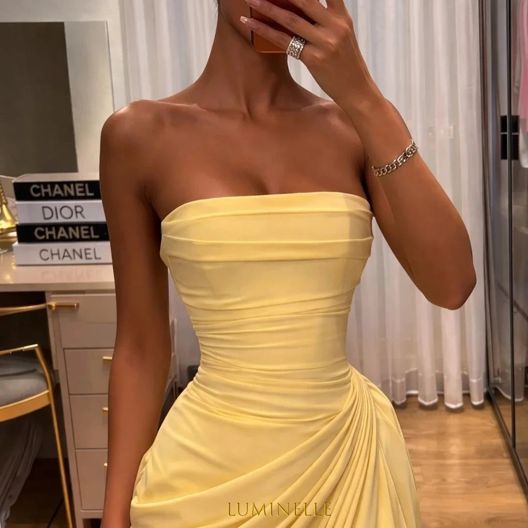 Lemon Yellow Strapless Slit Prom Dress