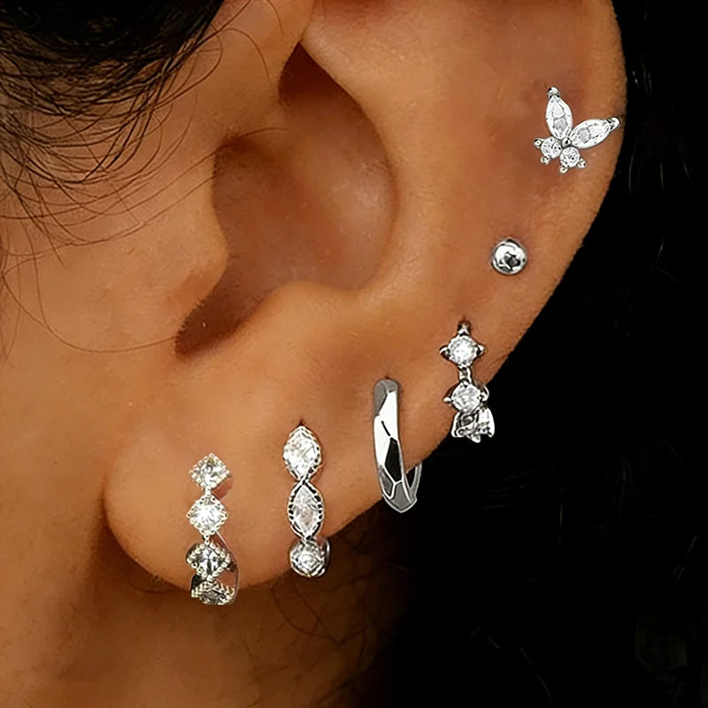 Crystal Huggie & Butterfly Earrings – 6 Pcs