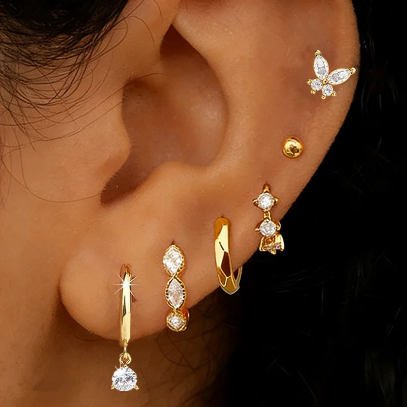 Crystal Huggie & Butterfly Earrings – 6 Pcs