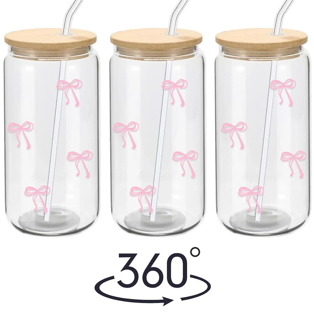 Pink Bow Glass Cup with Lid & Straw 500ml
