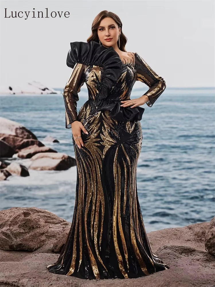 Ruffled Sequin Long Sleeve Mermaid Gown (Plus Size)