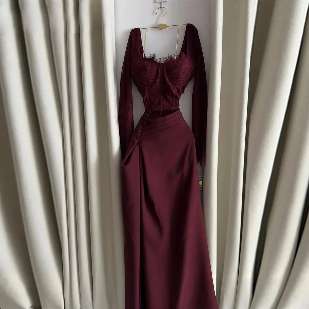 V-Neck Long Sleeve Lace A-Line Gown