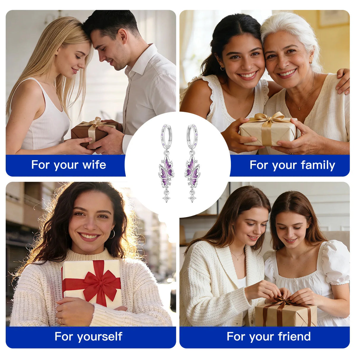925 Silver Purple Butterfly Tassel Earrings