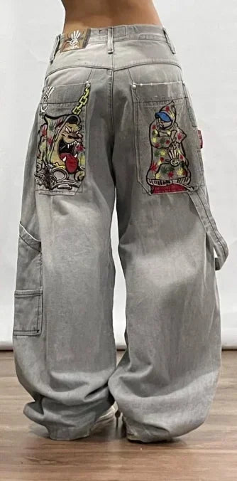 Letter Embroidered Wide-Leg Jeans