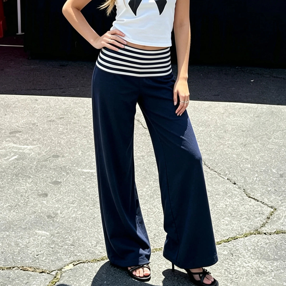 Striped Fold-Over Straight Sweatpants