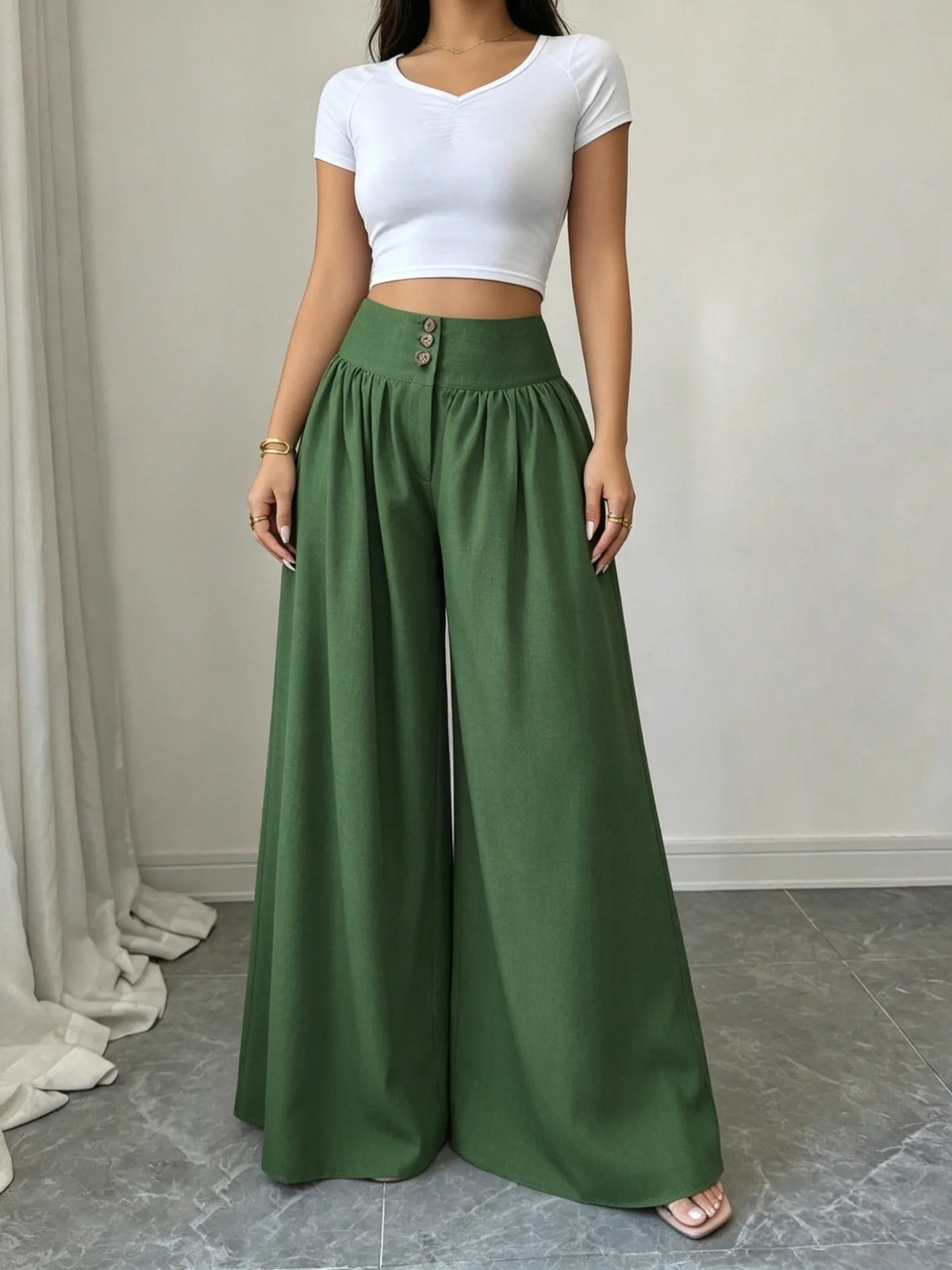 3-Button High Waist Wide-Leg Pants