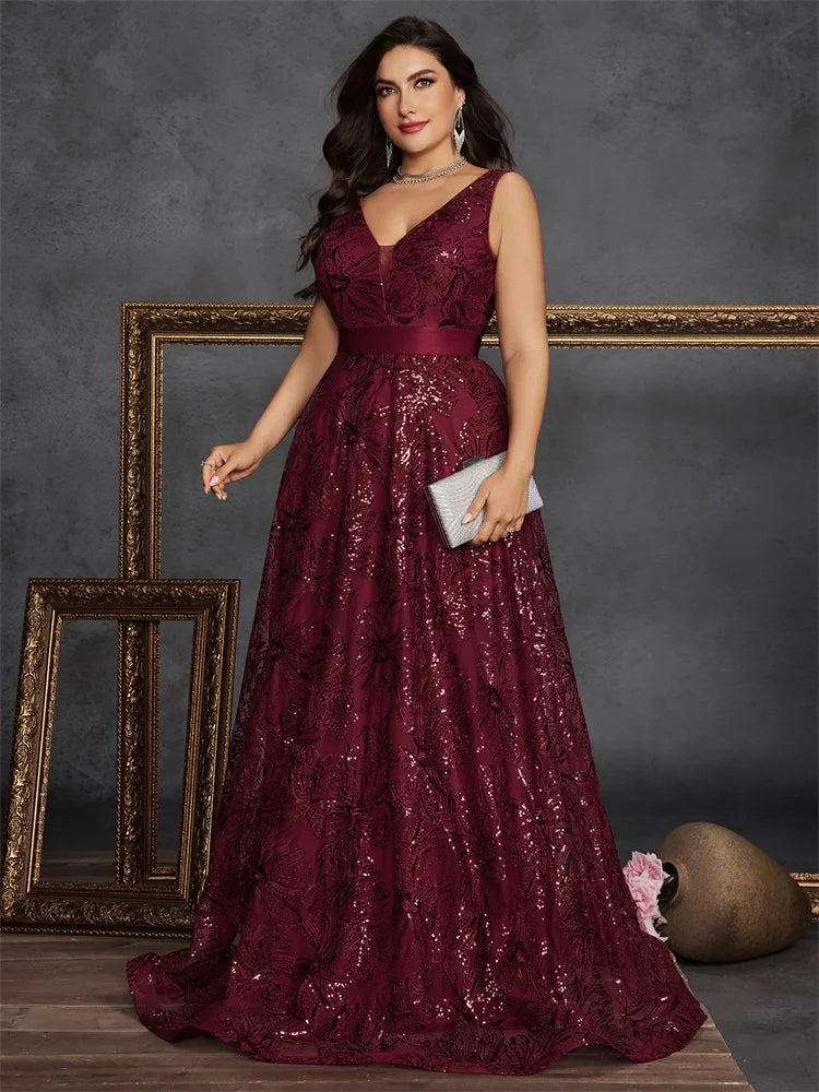 Deep V-Neck Sequin Gown (Plus Size)